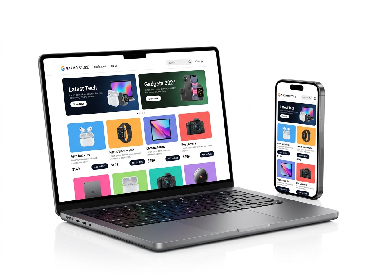 ShopAX Electronics Online Store Mockup on Laptop and Phone